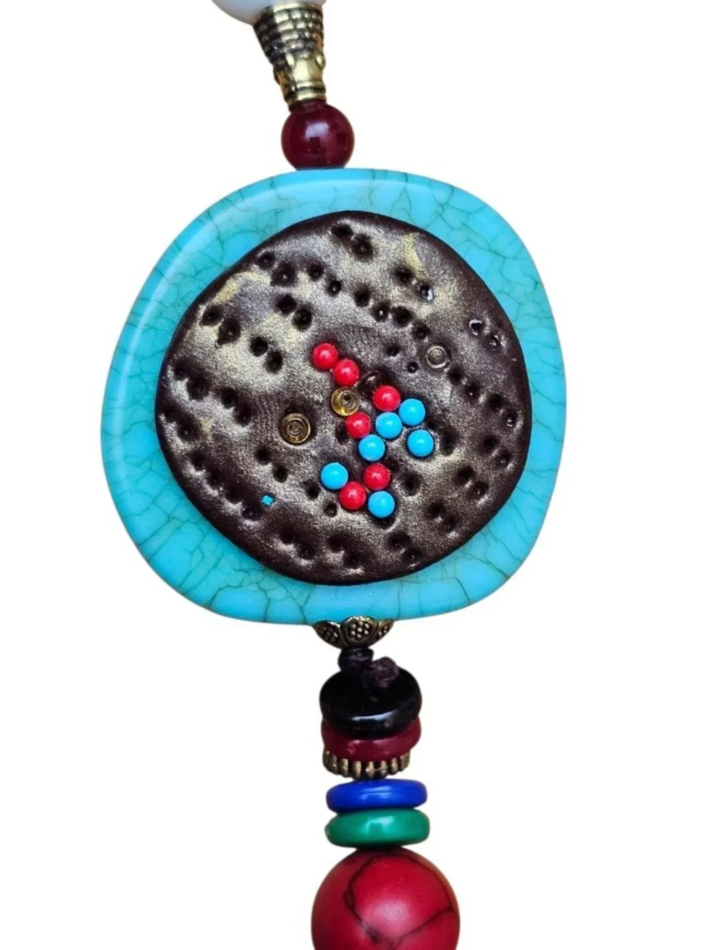 Handmade Boho Elephant Pendant Necklace Turquoise Wood Beaded Tribal Statement - Picture 2 of 5
